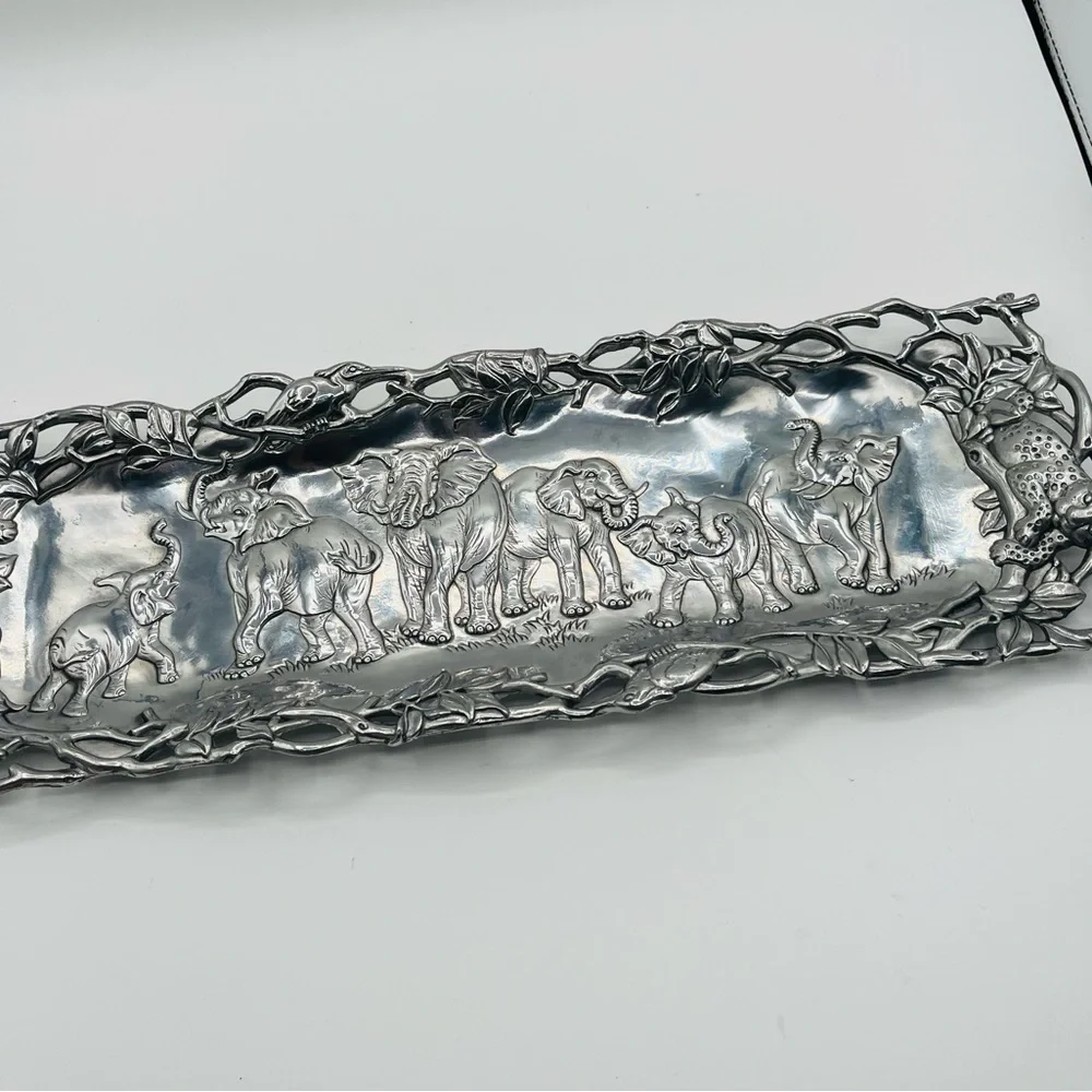 1997 Arthur Court Aluminum Jaguar , Elephant, Bird Tray 7/19 Inch